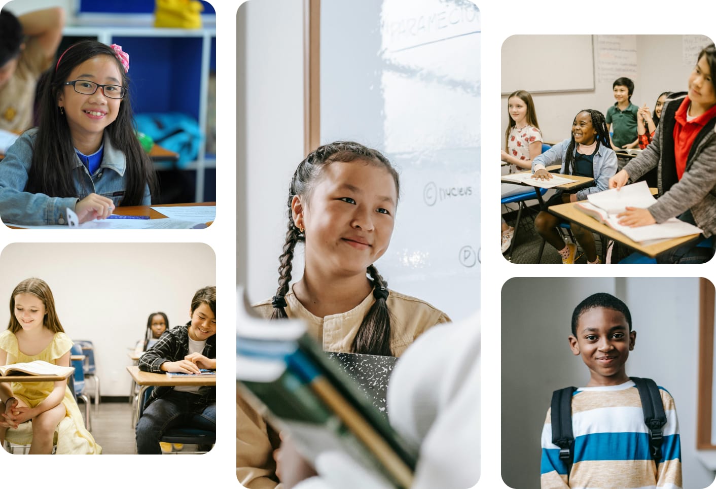 Diverse students engaged in classroom activities and smiling, some with books and laptops, in various educational settings.